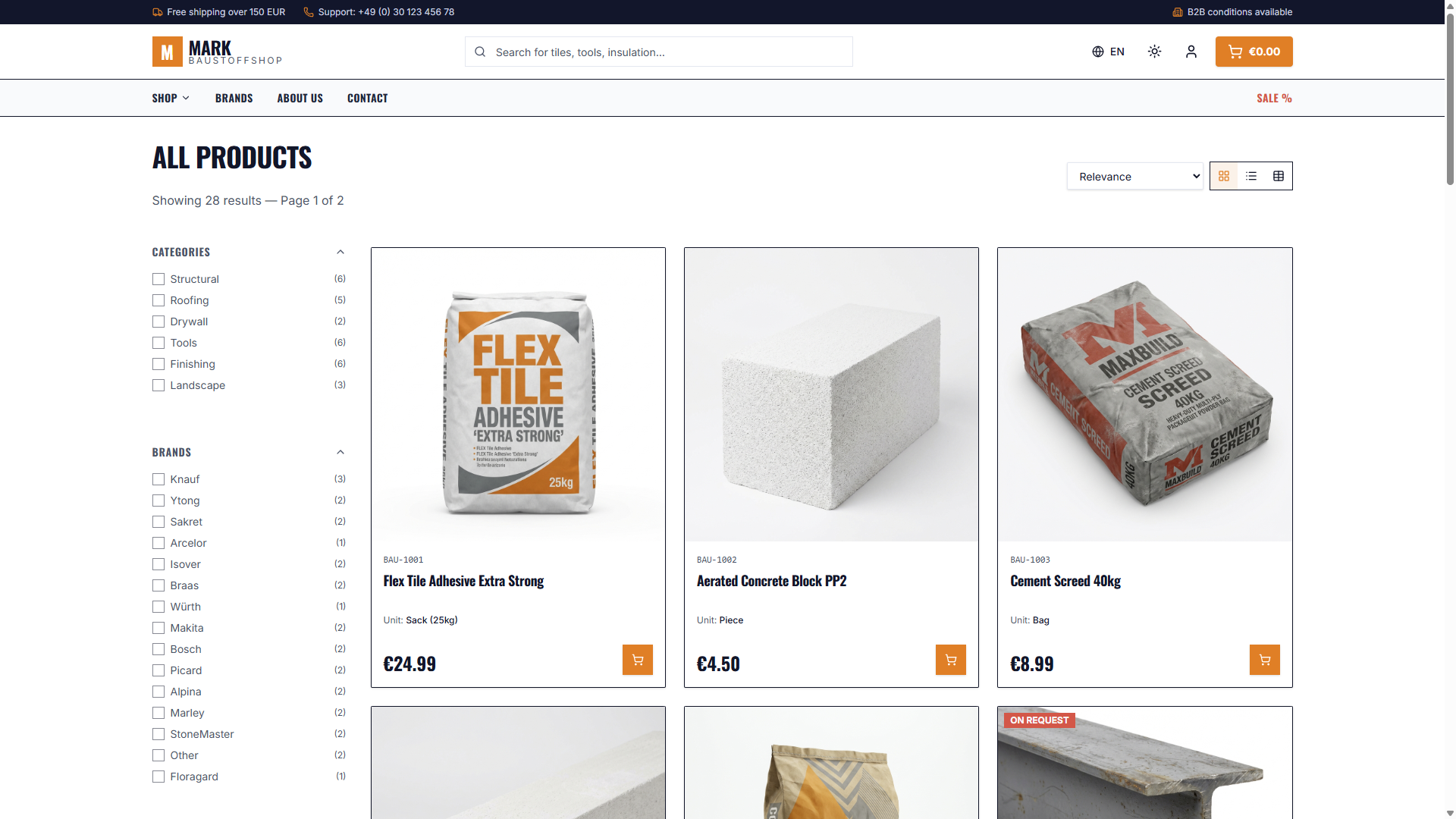 Mark Baustoffshop B2B-Portal mit Produktkatalog und Kategoriefilter